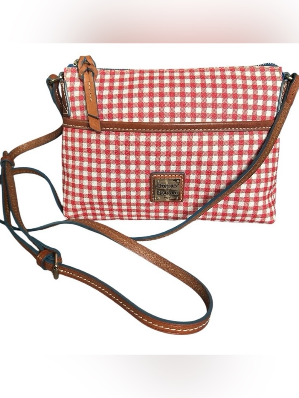 Dooney & Bourke Red and White Gingham Crossbody with Brown Trim Leather Strap
